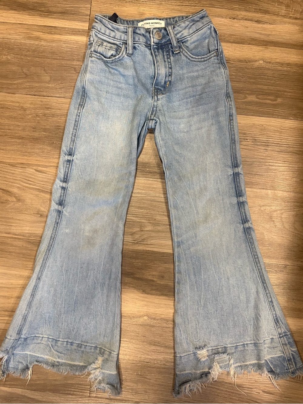 Flying Monkey Light Wash Flare Jeans with Distressed Hem